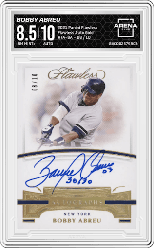 Bobby Abreu from the 2021 Panini Flawless set featuring a Gold parallel graded by Arena Club and given an overall grade of 8.5.