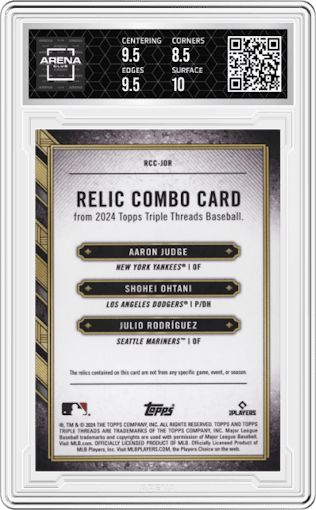 Julio Rodríguez/Shohei Ohtani/Aaron Judge  from the 2024 Topps Triple Threads set featuring a Amethyst parallel graded by Arena Club and given an overall grade of 9.