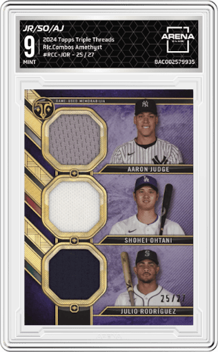 Julio Rodríguez/Shohei Ohtani/Aaron Judge  from the 2024 Topps Triple Threads set featuring a Amethyst parallel graded by Arena Club and given an overall grade of 9.