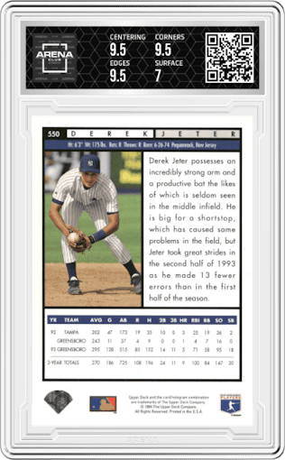 Derek Jeter from the 1994 Upper Deck set featuring a Electric Diamond parallel graded by Arena Club and given an overall grade of 7.5.