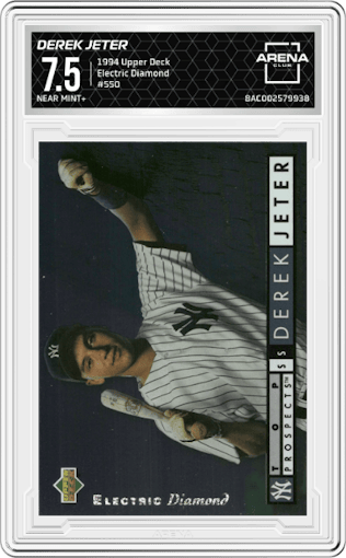 Derek Jeter from the 1994 Upper Deck set featuring a Electric Diamond parallel graded by Arena Club and given an overall grade of 7.5.