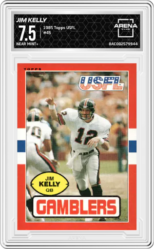 Jim Kelly  from the 1985 Topps USFL set graded by Arena Club and given an overall grade of 7.5.