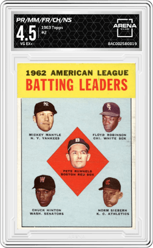 Pete Runnels/Mickey Mantle/Floyd Robinson/Chuck Hinton/Norm Siebern from the 1963 Topps set graded by Arena Club and given an overall grade of 4.5.