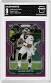 Jalen Hurts from the 2020 Panini Prizm set featuring a Purple Prizm parallel graded by Arena Club and given an overall grade of 9.