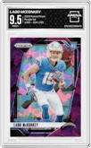 Ladd McConkey from the 2024 Panini Prizm set featuring a Purple Ice parallel graded by Arena Club and given an overall grade of 9.5.