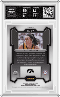 Caitlin Clark from the 2024 Panini Prizm Draft Picks set featuring a Silver parallel graded by Arena Club and given an overall grade of 8.5.