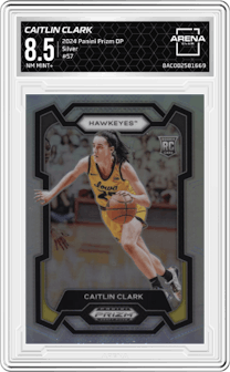 Caitlin Clark from the 2024 Panini Prizm Draft Picks set featuring a Silver parallel graded by Arena Club and given an overall grade of 8.5.