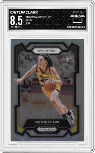 Caitlin Clark from the 2024 Panini Prizm Draft Picks set featuring a Silver parallel graded by Arena Club and given an overall grade of 8.5.