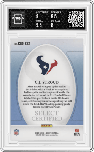 C.J. Stroud from the 2023 Panini Select set graded by Arena Club and given an overall grade of 8.5.