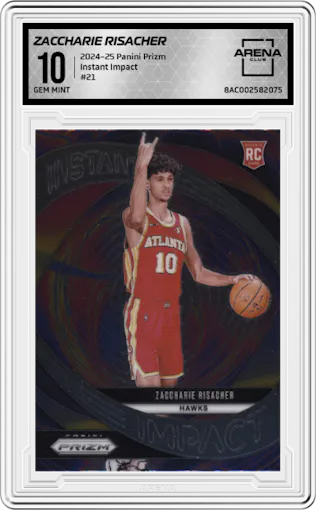 Zaccharie Risacher from the 2024-25 Panini Prizm set graded by Arena Club and given an overall grade of 10.