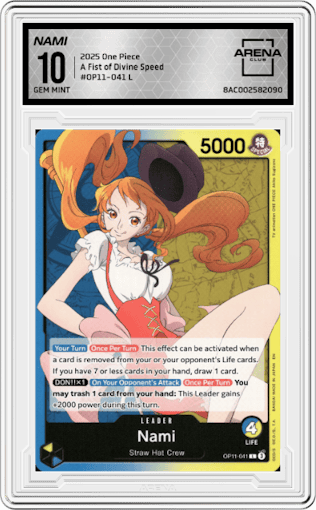 Nami from the 2025 One Piece set graded by Arena Club and given an overall grade of 10.