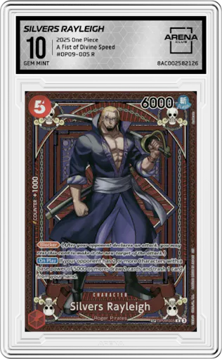 Silvers Rayleigh from the 2025 One Piece set graded by Arena Club and given an overall grade of 10.