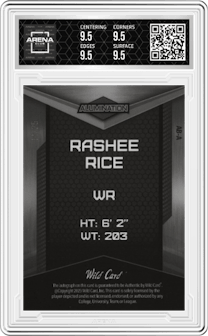Rashee Rice from the 2023 Wild Card Alumination set featuring a Red Crystal Holo parallel graded by Arena Club and given an overall grade of 9.5.