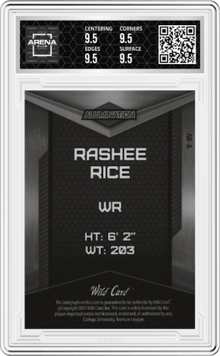 Rashee Rice from the 2023 Wild Card Alumination set featuring a Red Crystal Holo parallel graded by Arena Club and given an overall grade of 9.5.