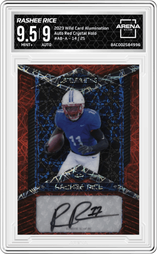 Rashee Rice from the 2023 Wild Card Alumination set featuring a Red Crystal Holo parallel graded by Arena Club and given an overall grade of 9.5.
