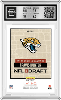 Travis Hunter from the 2025 Panini Instant NFL Draft Night set graded by Arena Club and given an overall grade of 10.