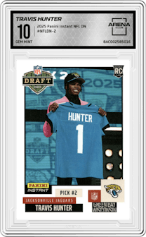 Travis Hunter from the 2025 Panini Instant NFL Draft Night set graded by Arena Club and given an overall grade of 10.