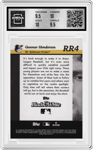 Gunnar Henderson from the 2023 Topps Black & White set graded by Arena Club and given an overall grade of 10.