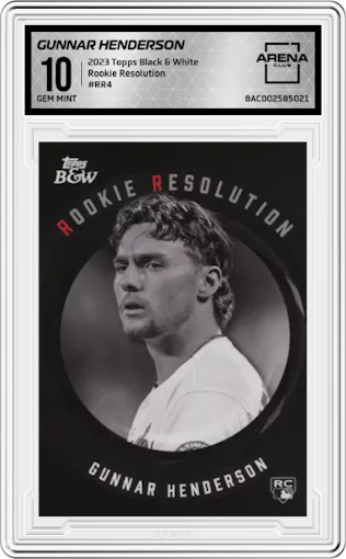 Gunnar Henderson from the 2023 Topps Black & White set graded by Arena Club and given an overall grade of 10.