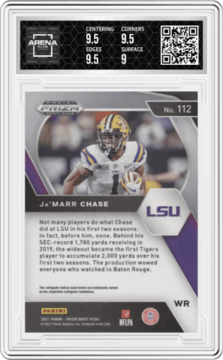 Ja'Marr Chase from the 2021 Panini Prizm Draft Picks set graded by Arena Club and given an overall grade of 9.5.