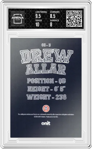 Drew Allar from the 2024 ONIT Athlete Penn State Nittany Lions set featuring a Holo parallel graded by Arena Club and given an overall grade of 8.5.