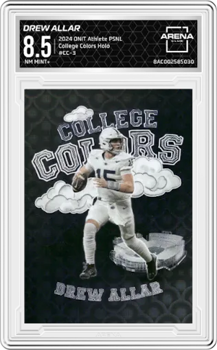 Drew Allar from the 2024 ONIT Athlete Penn State Nittany Lions set featuring a Holo parallel graded by Arena Club and given an overall grade of 8.5.
