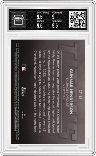 Gunnar Henderson from the 2023 Topps Chrome Update set graded by Arena Club and given an overall grade of 9.5.