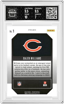 Caleb Williams from the 2024 Panini Prizm set featuring a Green Prizm parallel graded by Arena Club and given an overall grade of 7.5.