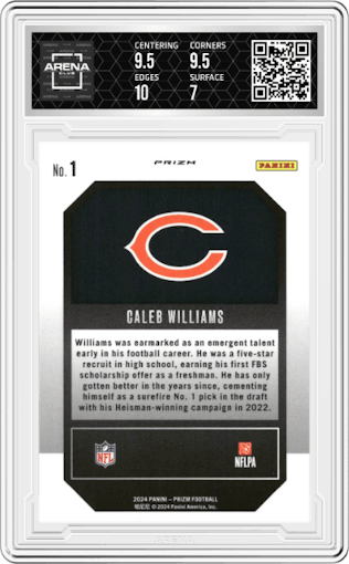 Caleb Williams from the 2024 Panini Prizm set featuring a Green Prizm parallel graded by Arena Club and given an overall grade of 7.5.