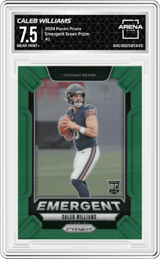 Caleb Williams from the 2024 Panini Prizm set featuring a Green Prizm parallel graded by Arena Club and given an overall grade of 7.5.