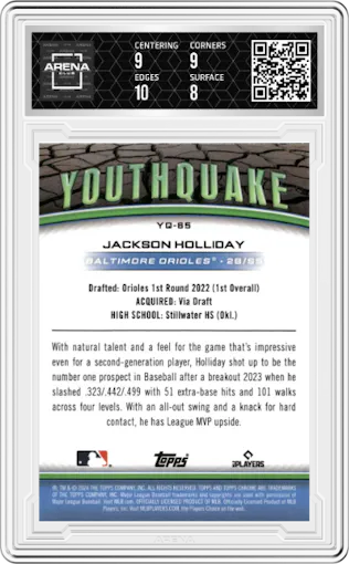 Jackson Holliday from the 2024 Topps Chrome Update set graded by Arena Club and given an overall grade of 8.5.