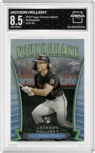 Jackson Holliday from the 2024 Topps Chrome Update set graded by Arena Club and given an overall grade of 8.5.