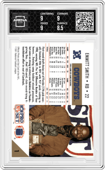 Emmitt Smith from the 1991 Pro Set set graded by Arena Club and given an overall grade of 9.