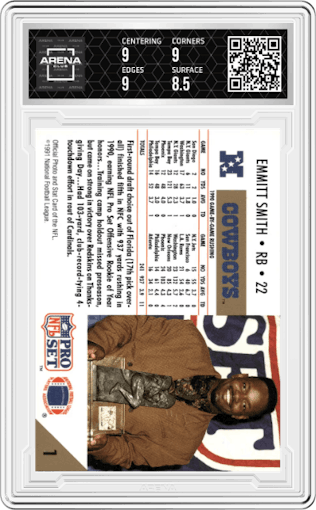 Emmitt Smith from the 1991 Pro Set set graded by Arena Club and given an overall grade of 9.