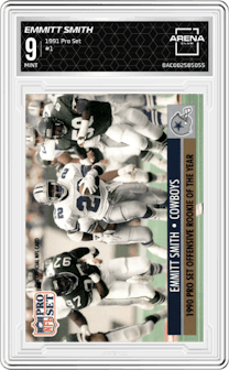 Emmitt Smith from the 1991 Pro Set set graded by Arena Club and given an overall grade of 9.