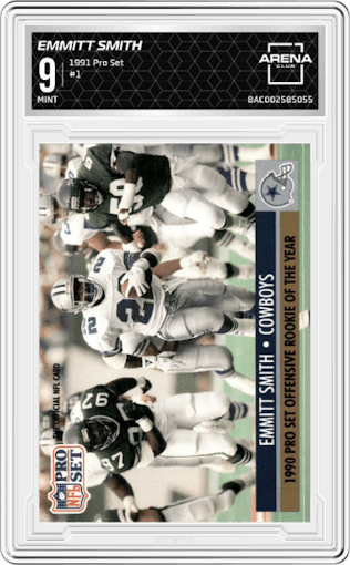 Emmitt Smith from the 1991 Pro Set set graded by Arena Club and given an overall grade of 9.