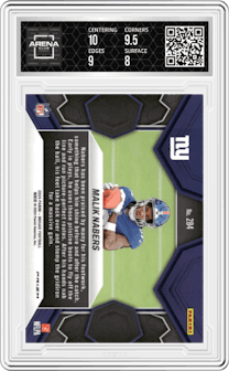 Malik Nabers from the 2024 Panini Mosaic set featuring a Green Mosaic parallel graded by Arena Club and given an overall grade of 8.5.