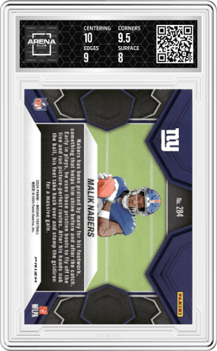 Malik Nabers from the 2024 Panini Mosaic set featuring a Green Mosaic parallel graded by Arena Club and given an overall grade of 8.5.
