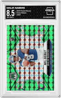 Malik Nabers from the 2024 Panini Mosaic set featuring a Green Mosaic parallel graded by Arena Club and given an overall grade of 8.5.