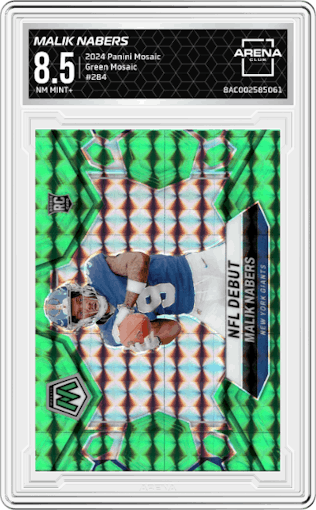 Malik Nabers from the 2024 Panini Mosaic set featuring a Green Mosaic parallel graded by Arena Club and given an overall grade of 8.5.