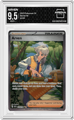 Arven from the 2023 Pokemon SV set graded by Arena Club and given an overall grade of 9.5.