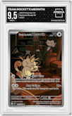 Team Rocket's Meowth from the 2025 Pokemon SV set graded by Arena Club and given an overall grade of 9.5.