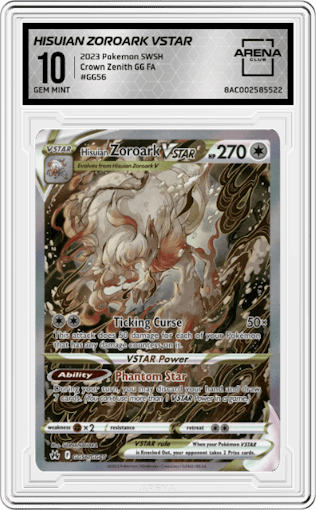 Hisuian Zoroark VSTAR from the 2023 Pokemon SWSH set graded by Arena Club and given an overall grade of 10.