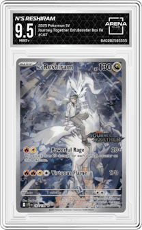 N's Reshiram from the 2025 Pokemon SV set featuring a Enhanced Booster Box parallel graded by Arena Club and given an overall grade of 9.5.