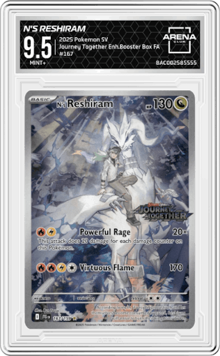 N's Reshiram from the 2025 Pokemon SV set featuring a Enhanced Booster Box parallel graded by Arena Club and given an overall grade of 9.5.