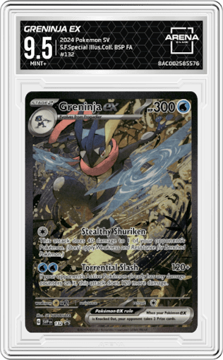 Greninja ex from the 2024 Pokemon SV set featuring a Shrouded Fable Greninja ex Special Illustration Collection parallel graded by Arena Club and given an overall grade of 9.5.