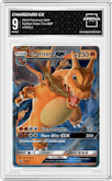Charizard GX from the 2019 Pokemon S&M  set featuring a Hidden Fates Tins parallel graded by Arena Club and given an overall grade of 9.