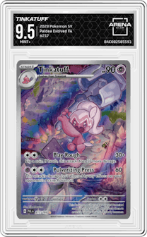 Tinkatuff from the 2023 Pokemon SV set graded by Arena Club and given an overall grade of 9.5.