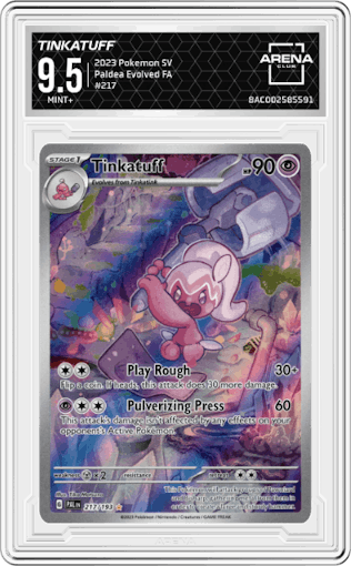 Tinkatuff from the 2023 Pokemon SV set graded by Arena Club and given an overall grade of 9.5.