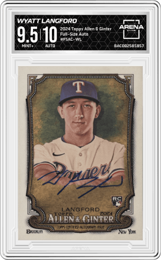 Wyatt Langford from the 2024 Topps Allen & Ginter set graded by Arena Club and given an overall grade of 9.5.